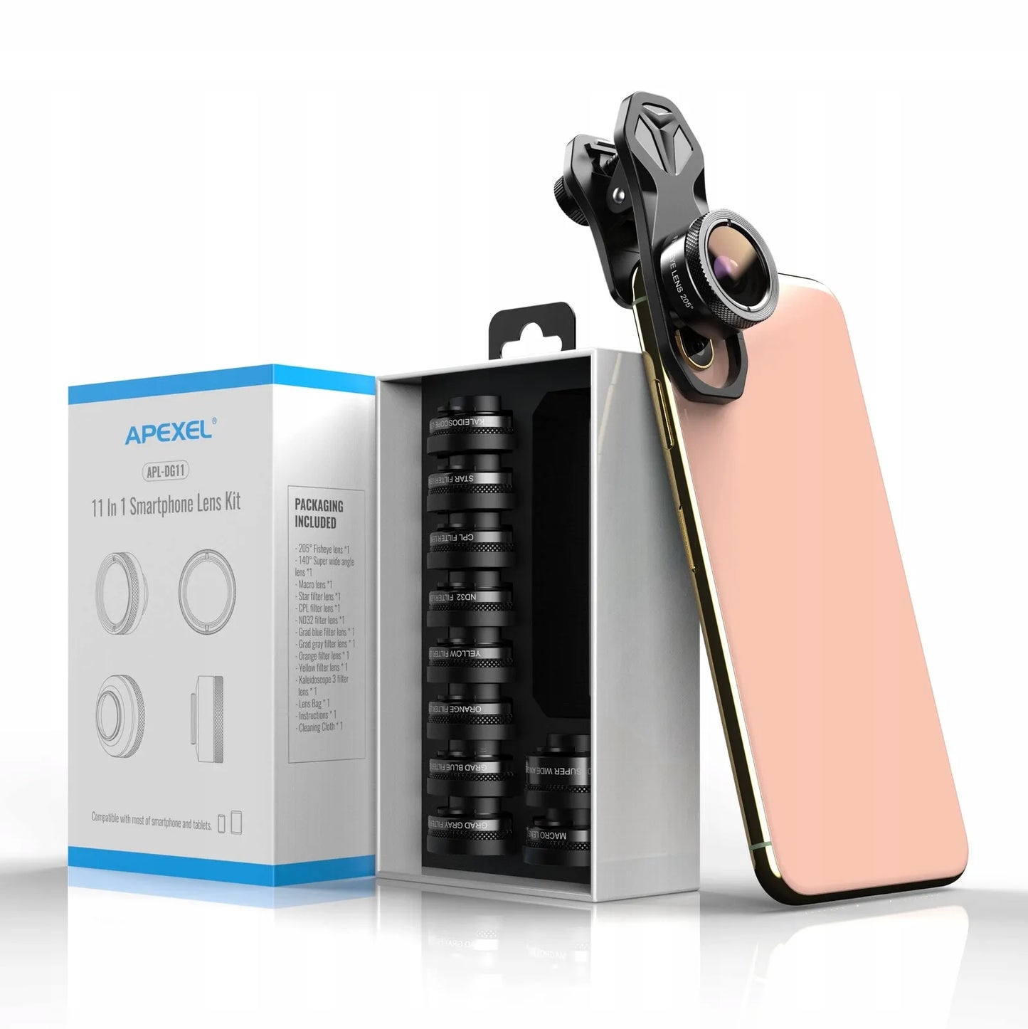 Apexel APL-DG11 11-in-1 išmaniųjų telefonų objektyvų ir filtrų rinkinys
