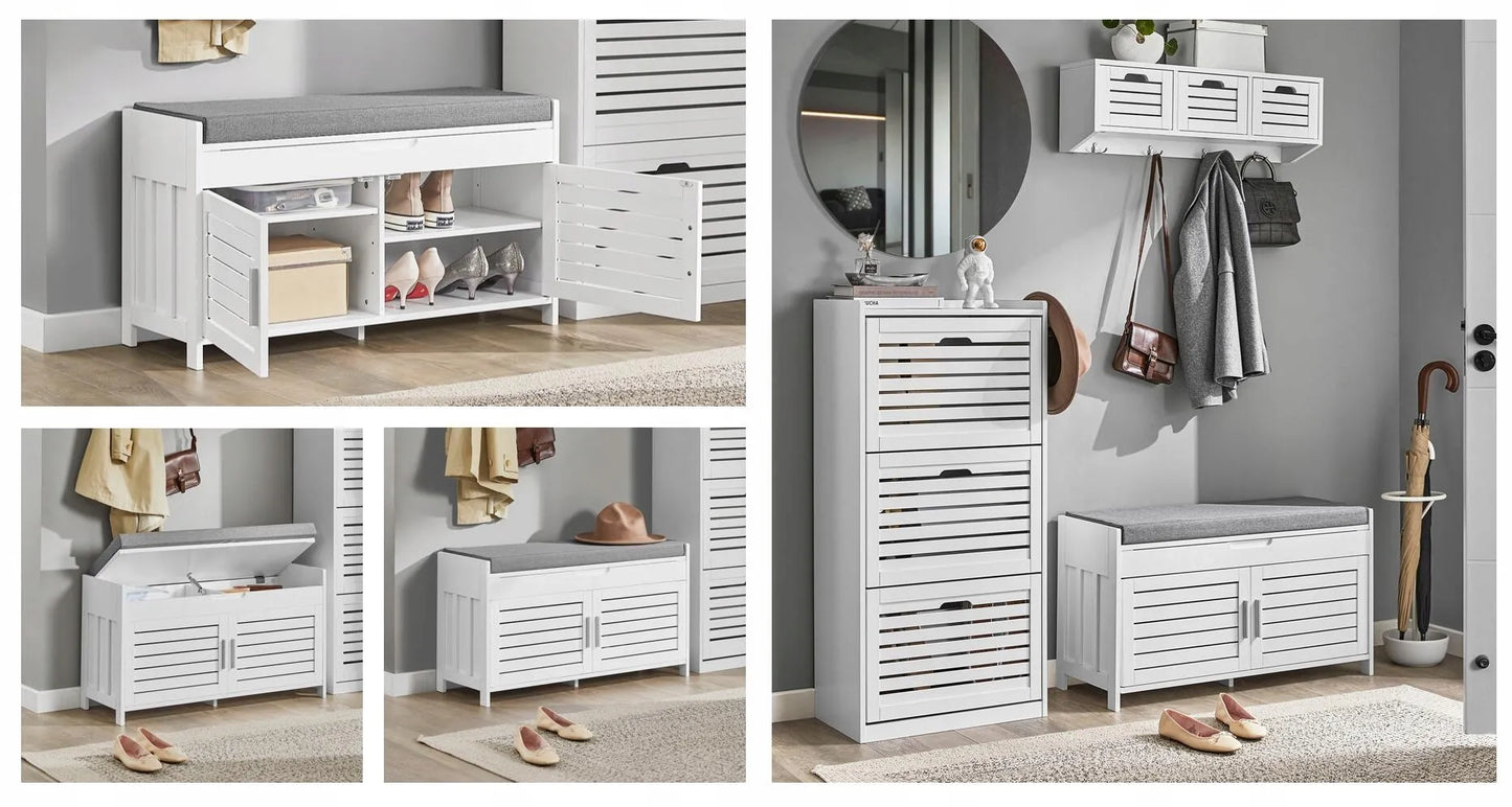 Apmušta batų spintelė su sėdyne ir organizatoriumi SoBuy FSR102-W, 90 cm