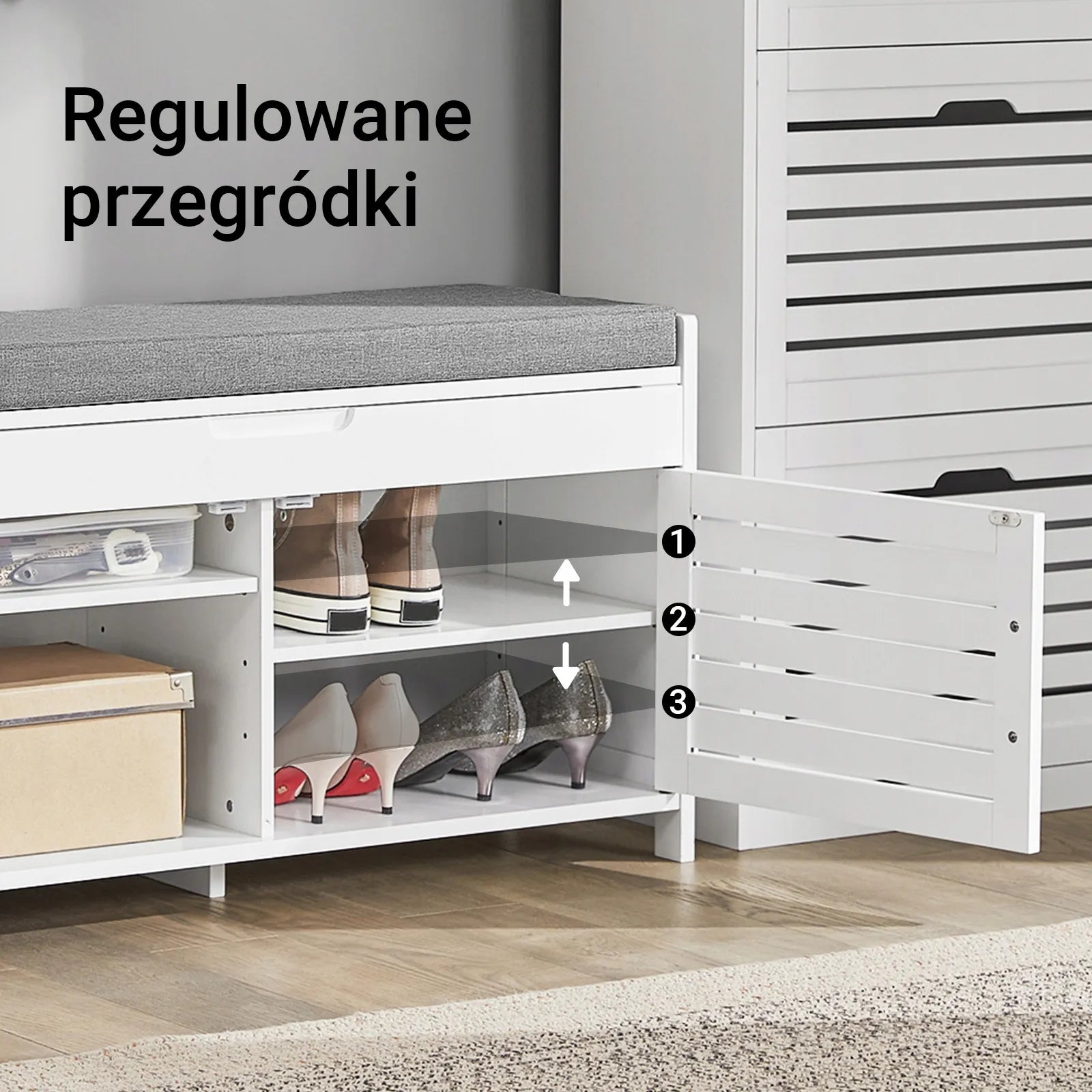 Apmušta batų spintelė su sėdyne ir organizatoriumi SoBuy FSR102-W, 90 cm