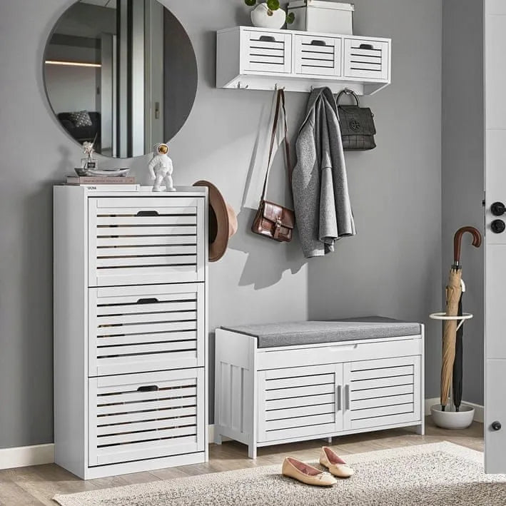 Apmušta batų spintelė su sėdyne ir organizatoriumi SoBuy FSR102-W, 90 cm