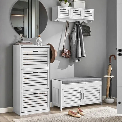 Apmušta batų spintelė su sėdyne ir organizatoriumi SoBuy FSR102-W, 90 cm