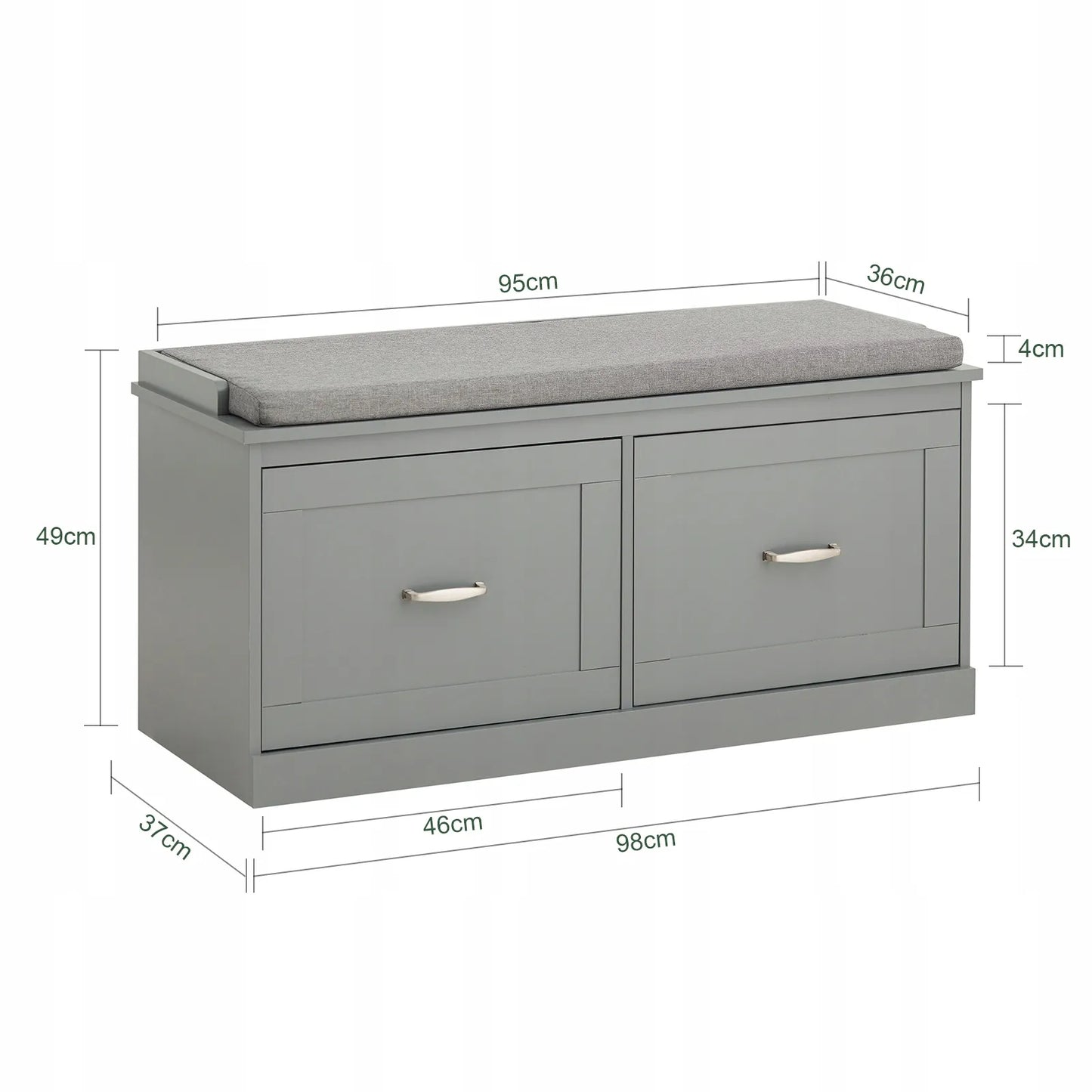 Apmuštas suoliukas batų dėžė pilka su 2 durelėmis 98x37x49cm FSR131-HG