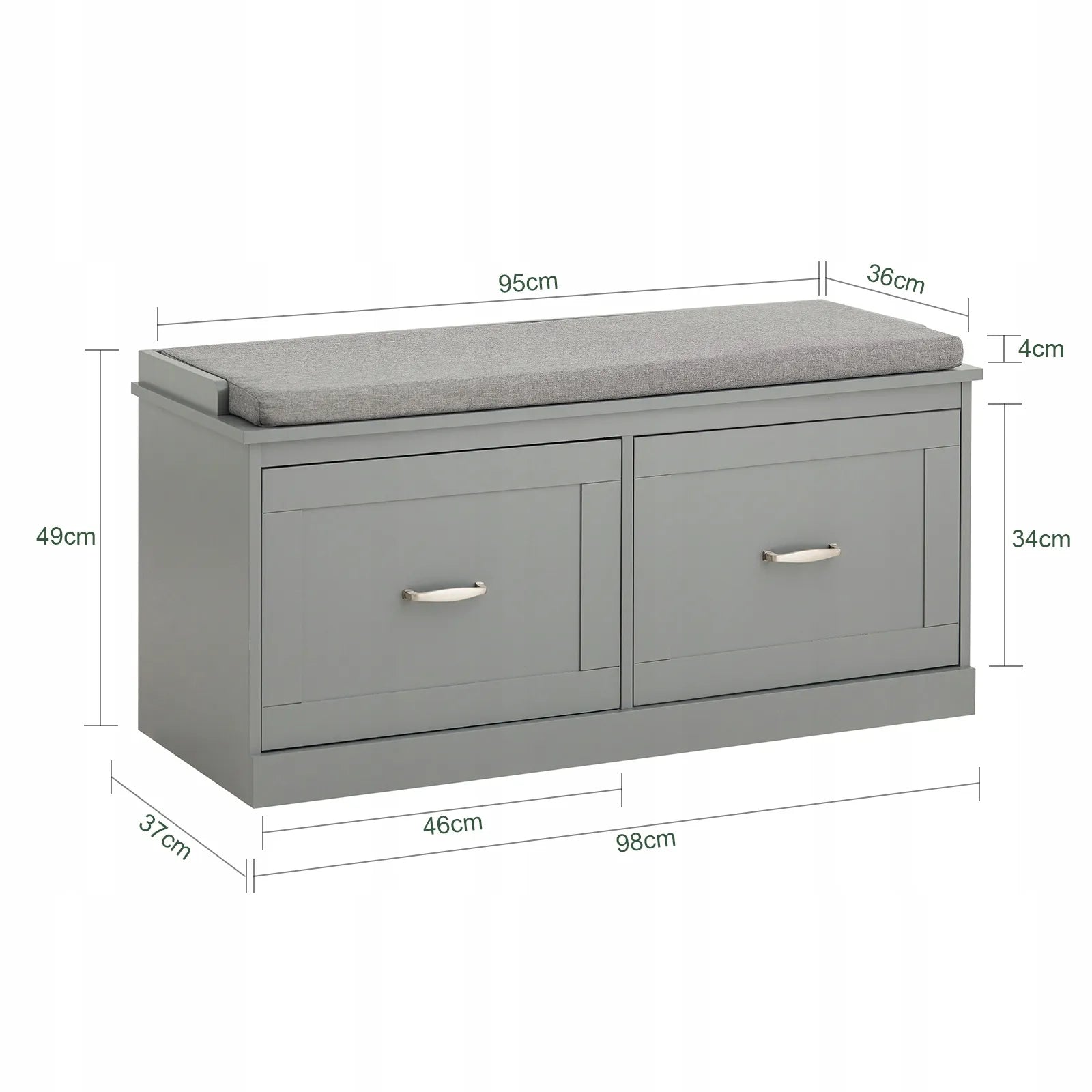 Apmuštas suoliukas batų dėžė pilka su 2 durelėmis 98x37x49cm FSR131-HG
