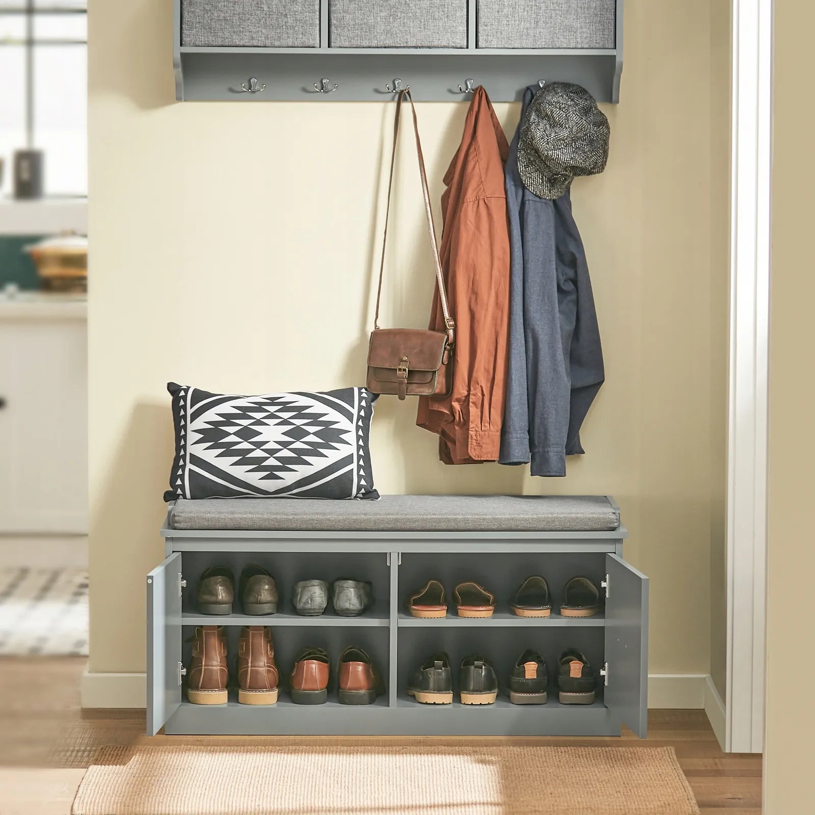 Apmuštas suoliukas batų dėžė pilka su 2 durelėmis 98x37x49cm FSR131-HG
