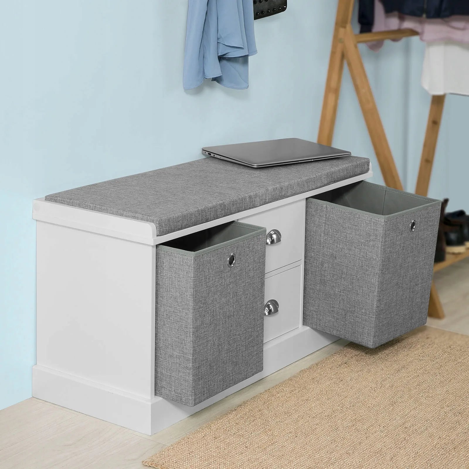 Apmuštas suoliukas batų spintelė su 2 krepšiais ir 2 stalčiais 100x35x50cm FSR66-HG
