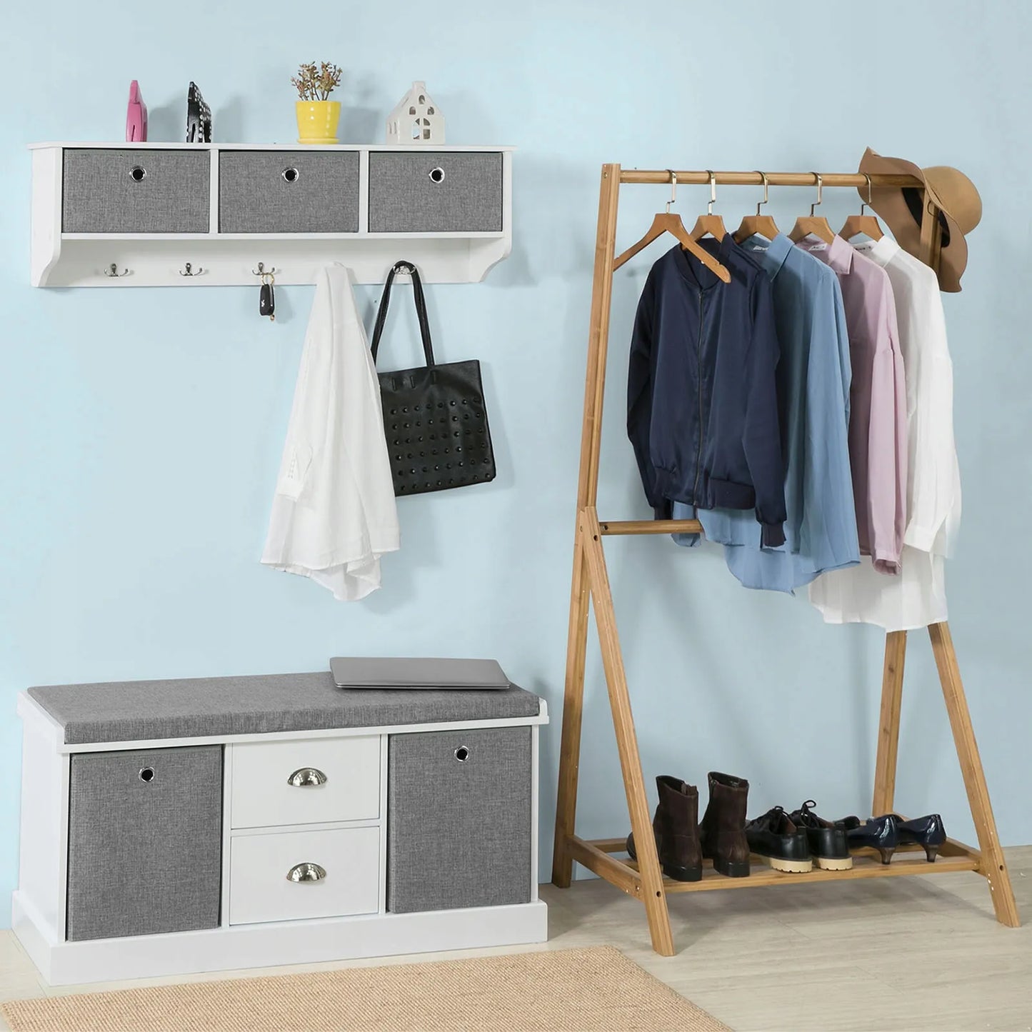Apmuštas suoliukas batų spintelė su 2 krepšiais ir 2 stalčiais 100x35x50cm FSR66-HG