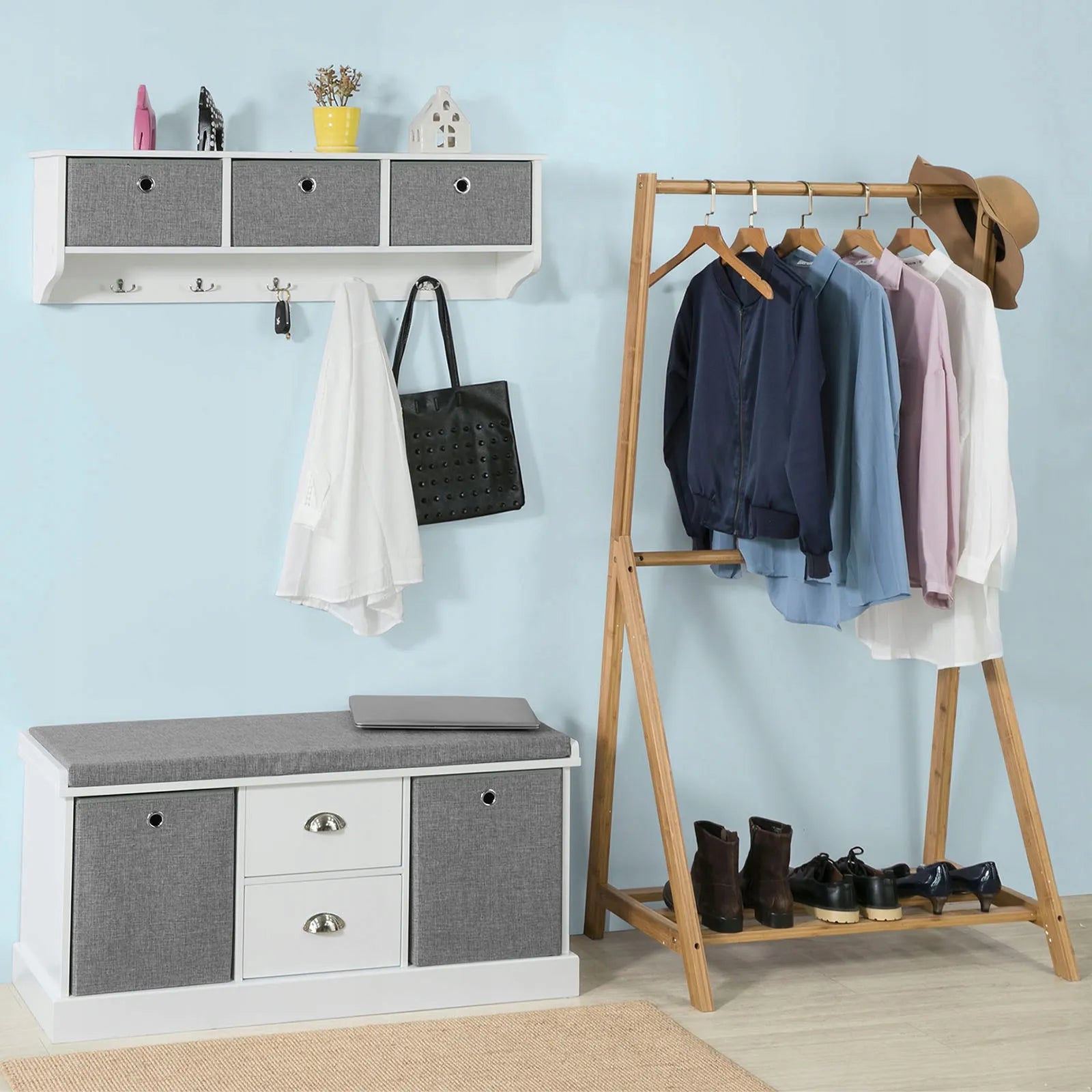 Apmuštas suoliukas batų spintelė su 2 krepšiais ir 2 stalčiais 100x35x50cm FSR66-HG