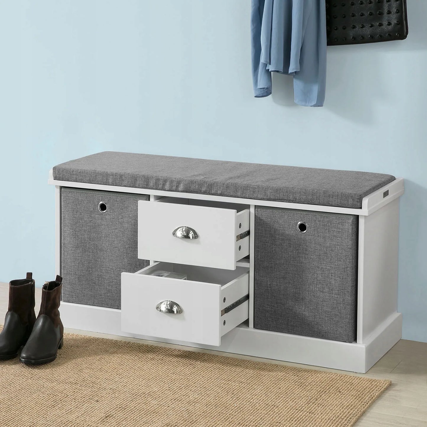Apmuštas suoliukas batų spintelė su 2 krepšiais ir 2 stalčiais 100x35x50cm FSR66-HG