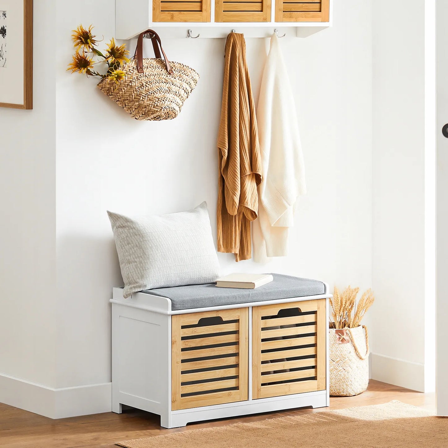 Apmuštas suoliukas batų spintelė su daiktadėže akacijos spalvos 71x35cm FSR23-II-WN