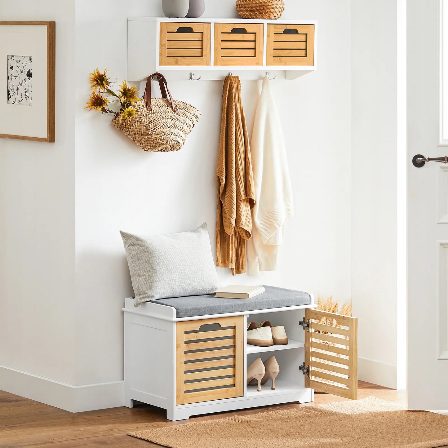 Apmuštas suoliukas batų spintelė su daiktadėže akacijos spalvos 71x35cm FSR23-II-WN