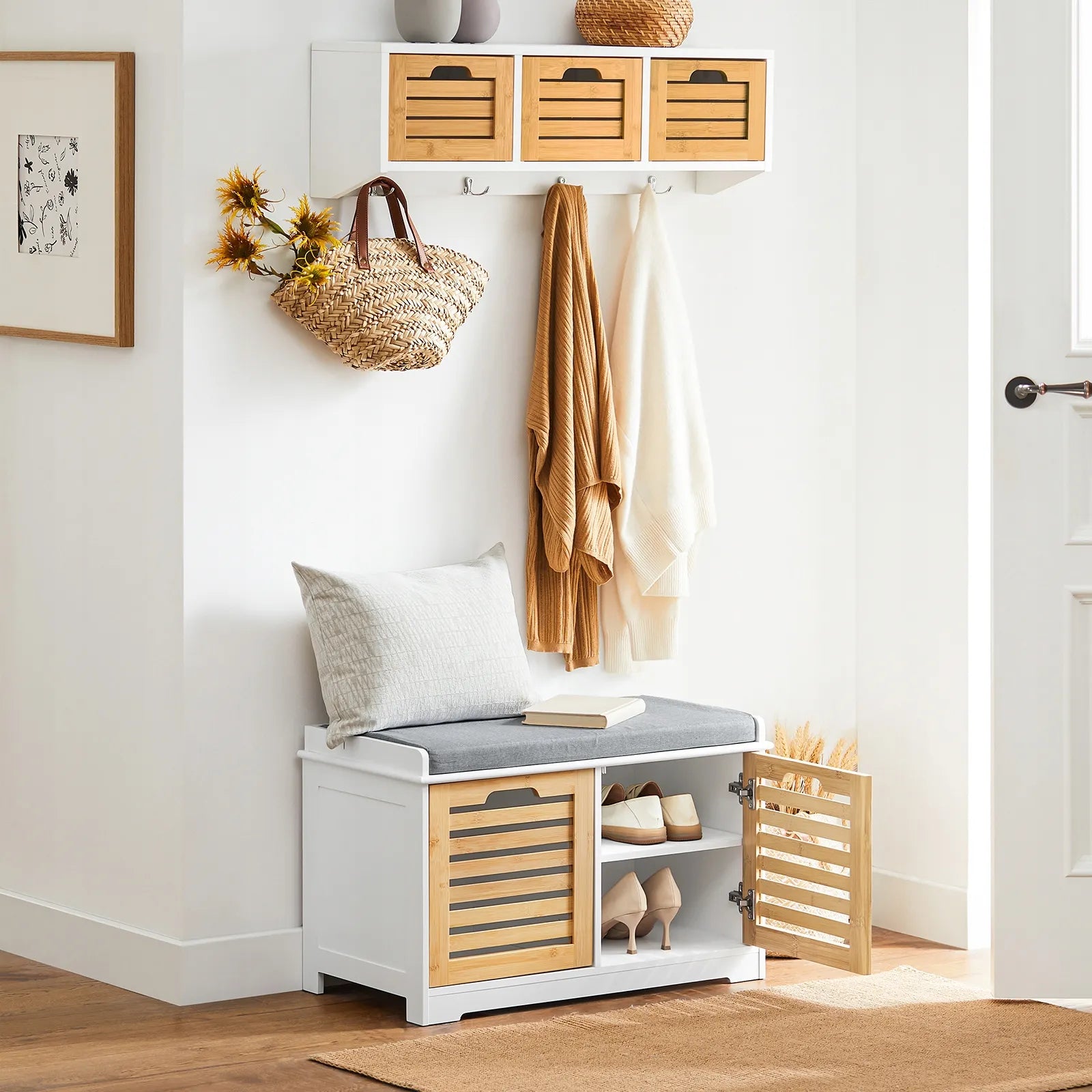 Apmuštas suoliukas batų spintelė su daiktadėže akacijos spalvos 71x35cm FSR23-II-WN