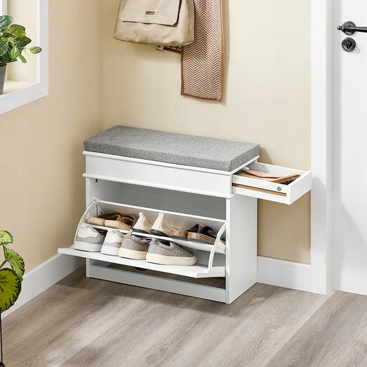 Apmuštas suoliukas batų spintelė su daiktadėže baltos spalvos 61x24x51cm FSR82-K-WG