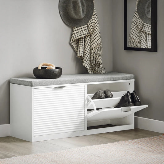Apmuštas suoliukas SoBuy balta batų spintelė su 2 atvartais 105x35x48cm FSR147-W
