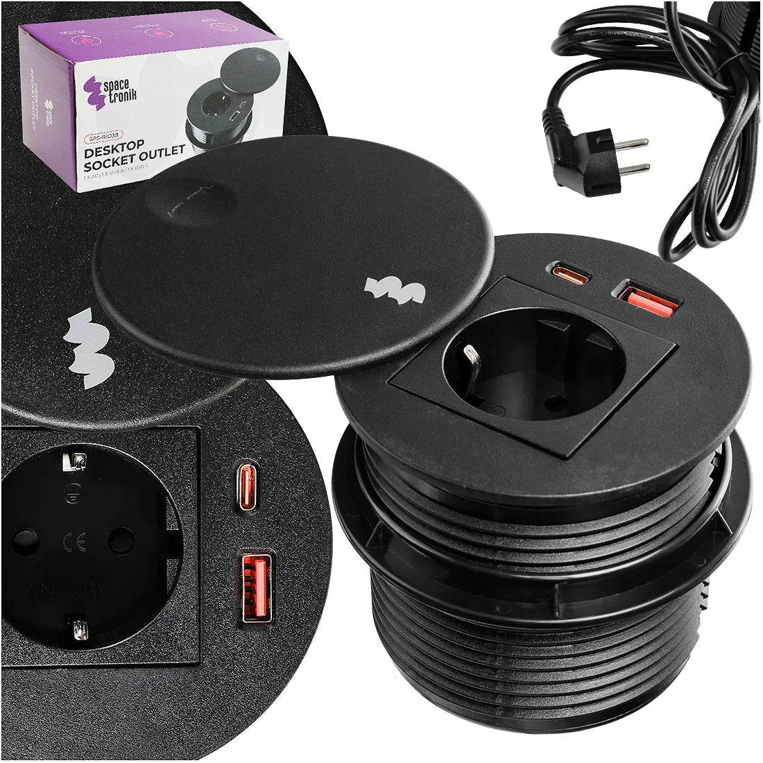 Apvalus įmontuojamas stalinis lizdas Spacetronik USB-C USB-A Schuko F tipo