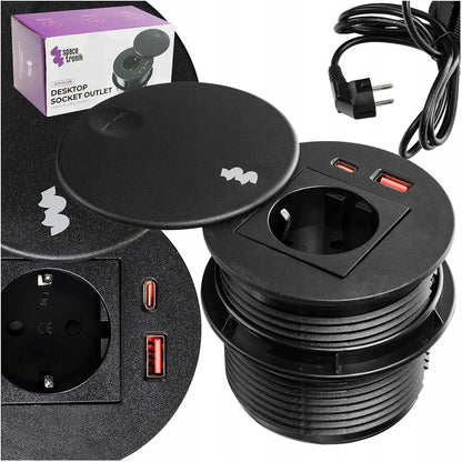Apvalus įmontuojamas stalinis lizdas Spacetronik USB-C USB-A Schuko F tipo