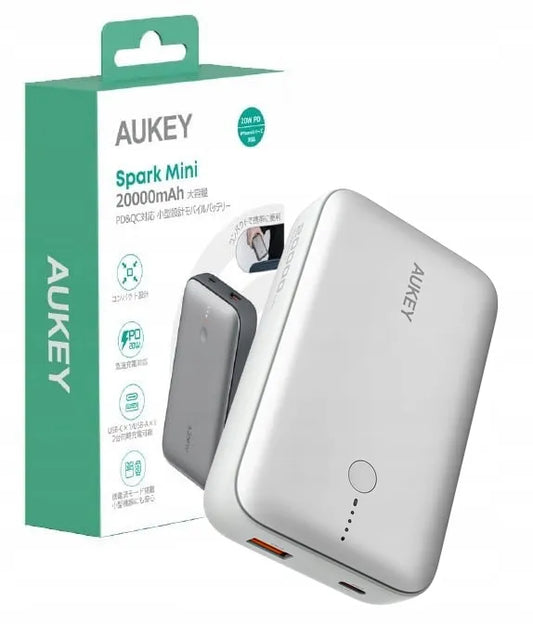 Aukey PB-Y57 Frozen White mini išorinis akumuliatorius 20000mAh PD QC 3.0 USB-C 22.5W LED