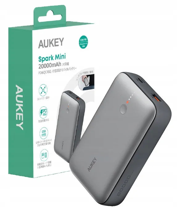 Aukey PB-Y57 Spark Mini išorinis akumuliatorius 20000mAh PD QC 3.0 USB-C 22.5W LED + laidas