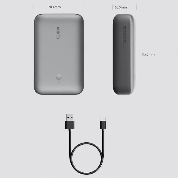 Aukey PB-Y57 Spark Mini išorinis akumuliatorius 20000mAh PD QC 3.0 USB-C 22.5W LED + laidas