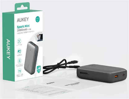 Aukey PB-Y57 Spark Mini išorinis akumuliatorius 20000mAh PD QC 3.0 USB-C 22.5W LED + laidas