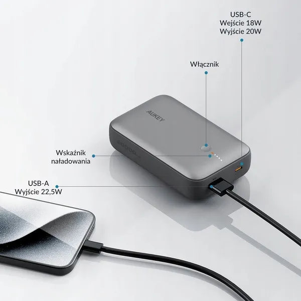 Aukey PB-Y57 Spark Mini išorinis akumuliatorius 20000mAh PD QC 3.0 USB-C 22.5W LED + laidas