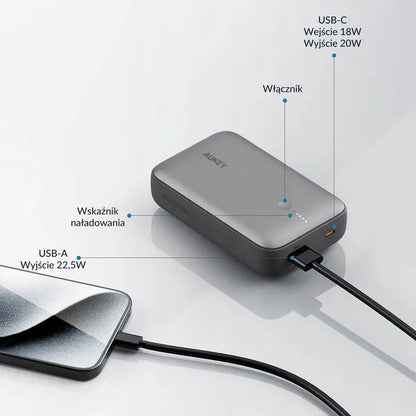 Aukey PB-Y57 Spark Mini išorinis akumuliatorius 20000mAh PD QC 3.0 USB-C 22.5W LED + laidas