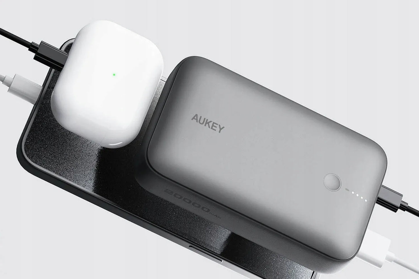 Aukey PB-Y57 Spark Mini išorinis akumuliatorius 20000mAh PD QC 3.0 USB-C 22.5W LED + laidas