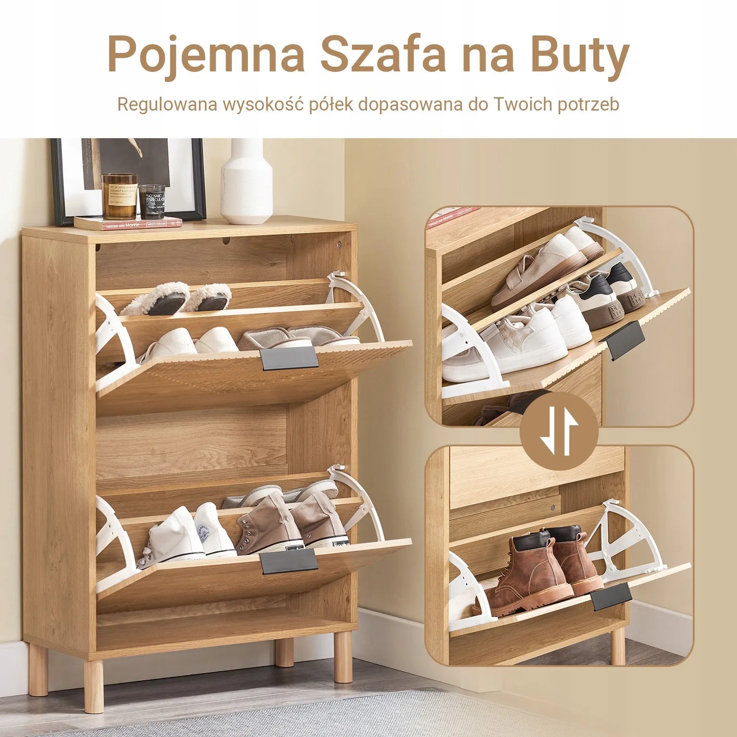 Aukšta batų spintelė su 2 skyriais, ąžuolo spalvos, prieškambario lentyna 60x24cm FSR200-II-N
