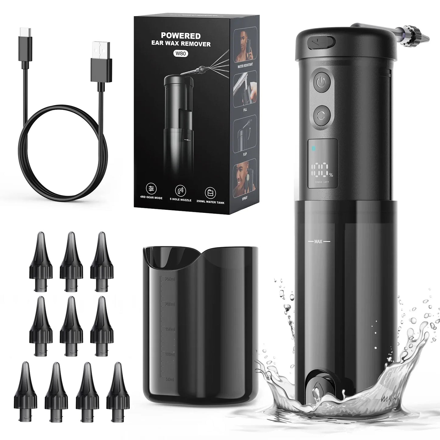 Ausų sieros šalinimo irigatorius, ausų valymo prietaisas, 5 režimai, 10 antgalių, USB-C