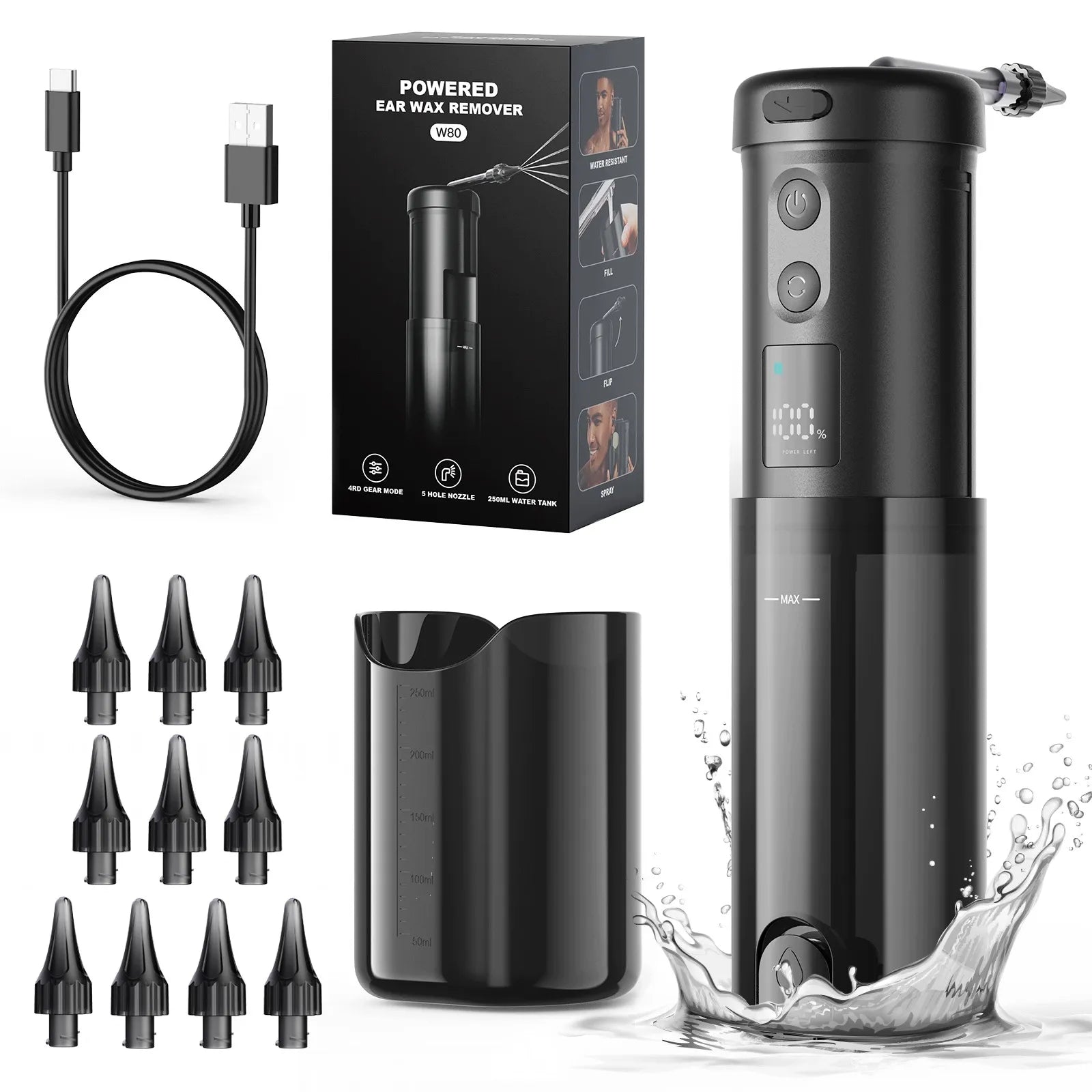 Ausų sieros šalinimo irigatorius, ausų valymo prietaisas, 5 režimai, 10 antgalių, USB-C