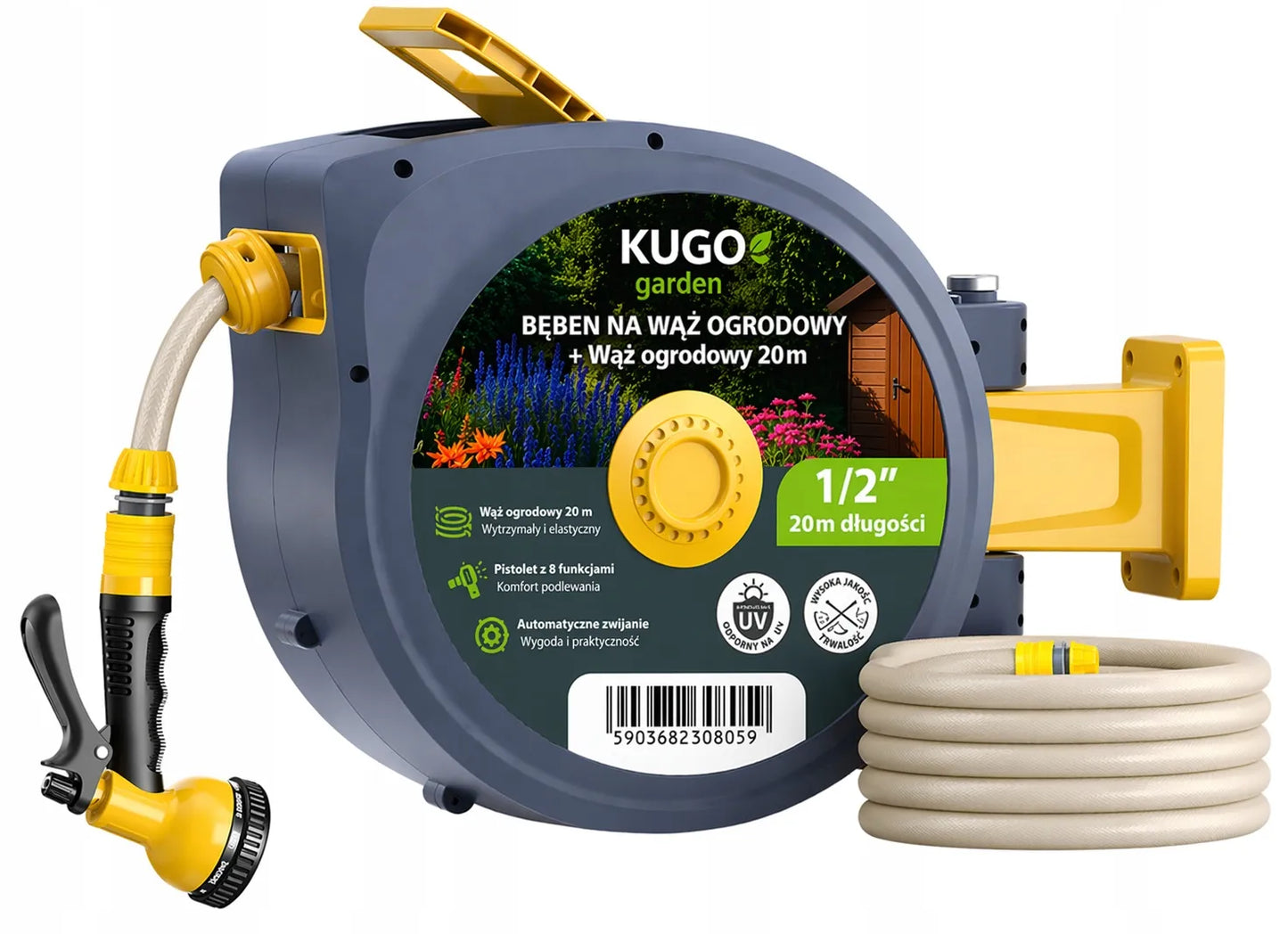 Automatinė sodo žarnos ritė 20 m + 2 m 1/2" su purkštuvu 8F