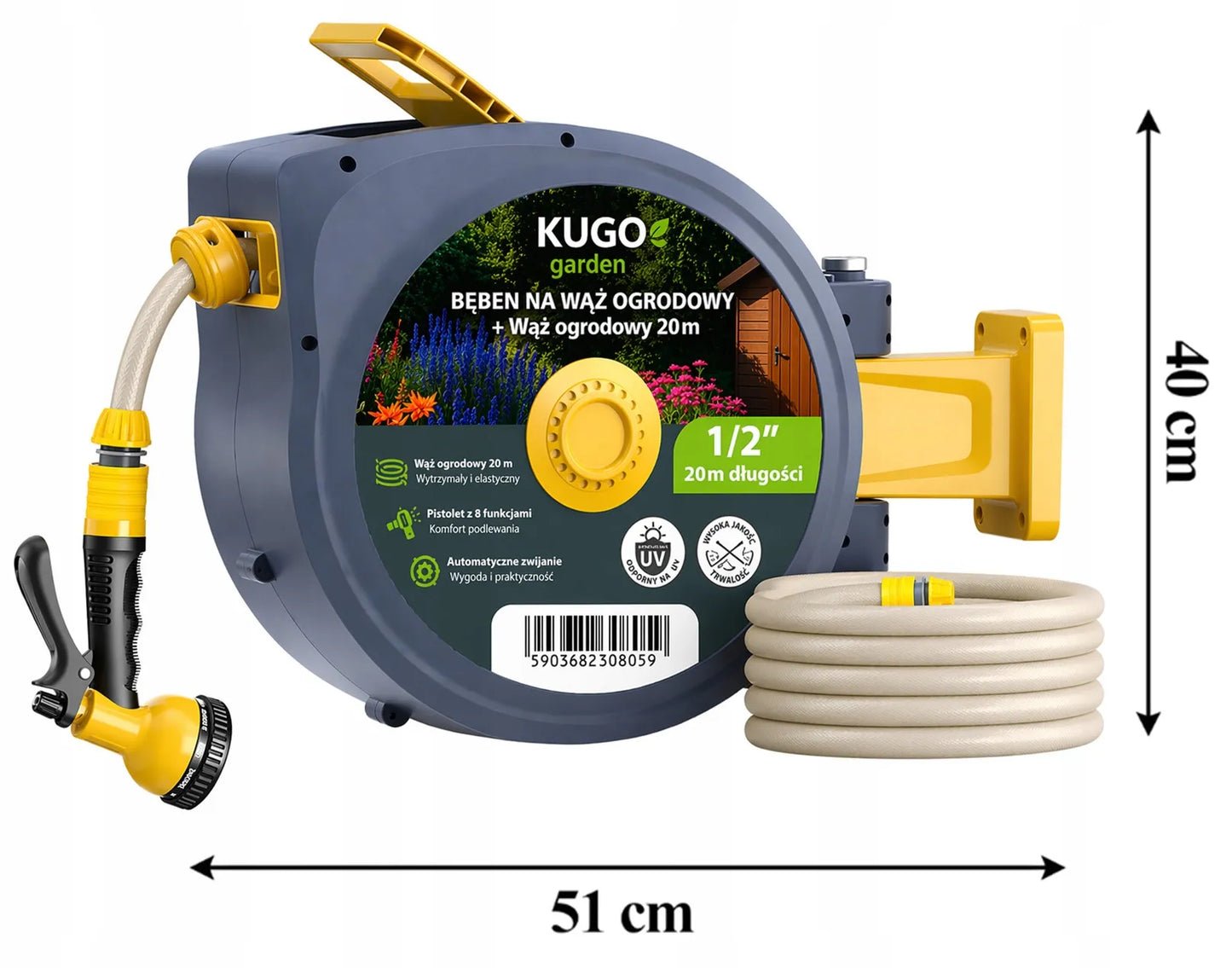 Automatinė sodo žarnos ritė 20 m + 2 m 1/2" su purkštuvu 8F