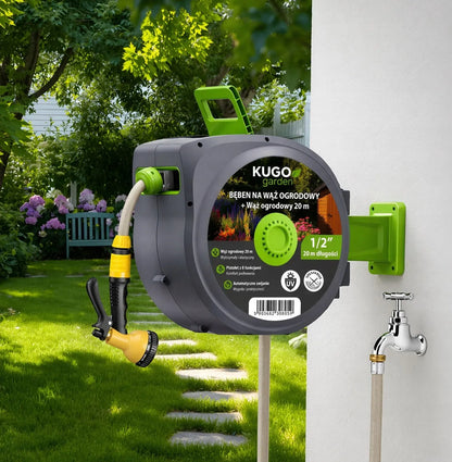 Automatinė sodo žarnos ritė 20 m + 2 m 1/2" su purkštuvu 8F