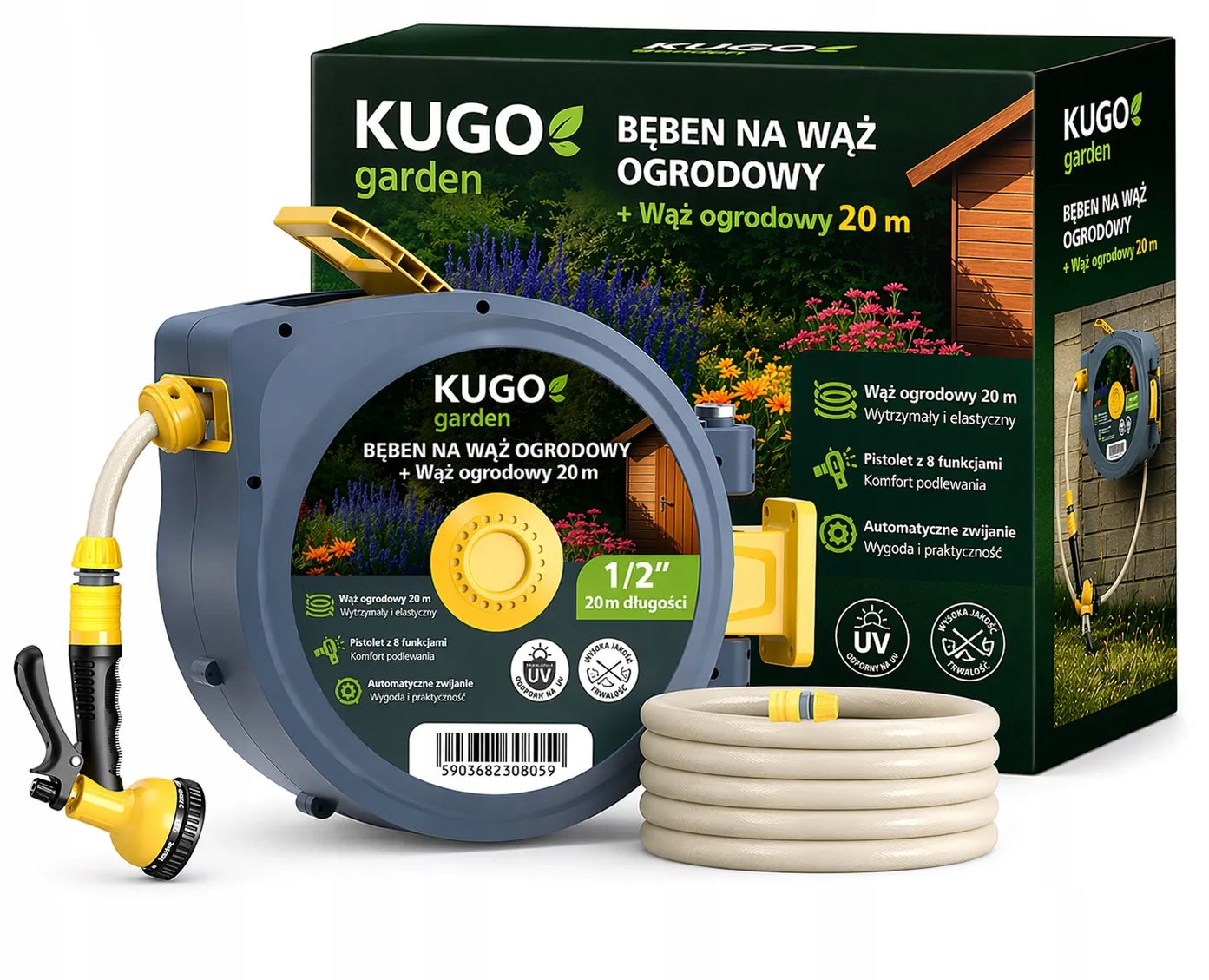 Automatinė sodo žarnos ritė 20 m + 2 m 1/2" su purkštuvu 8F