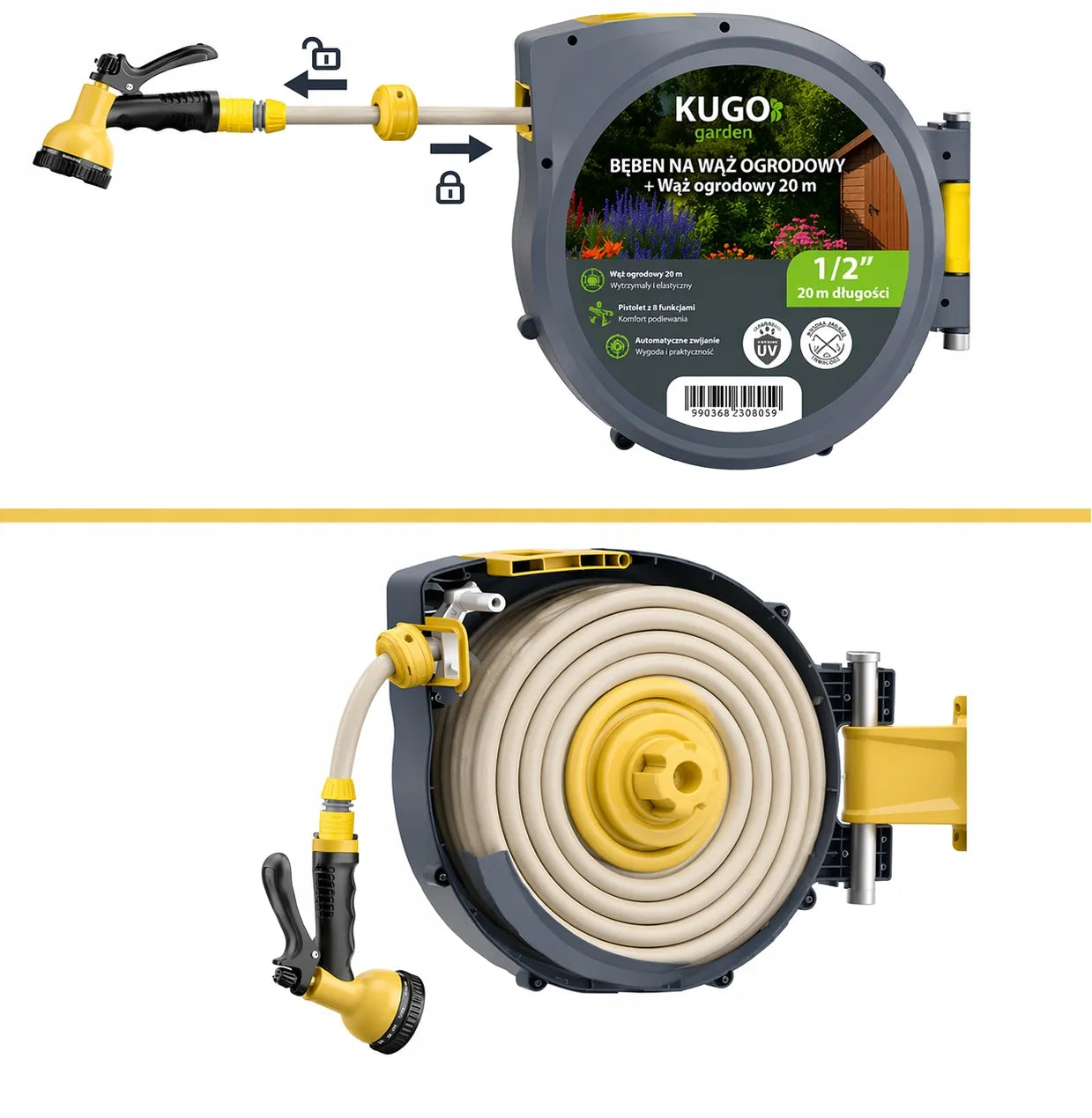 Automatinė sodo žarnos ritė 20 m + 2 m 1/2" su purkštuvu 8F