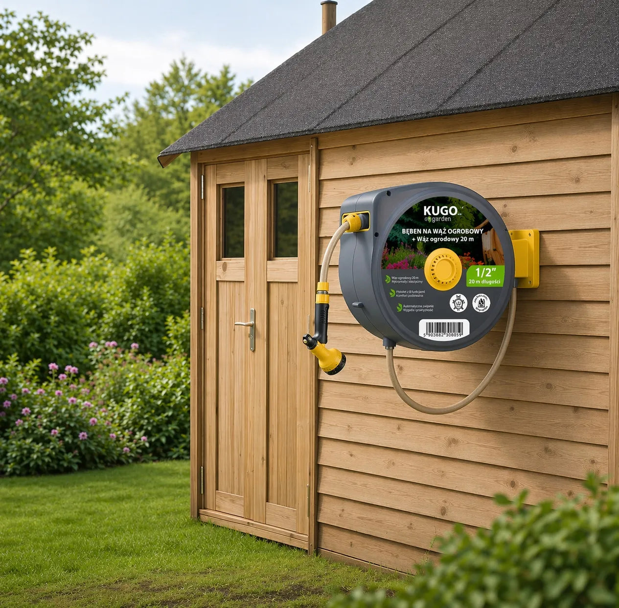Automatinė sodo žarnos ritė 20 m + 2 m 1/2" su purkštuvu 8F