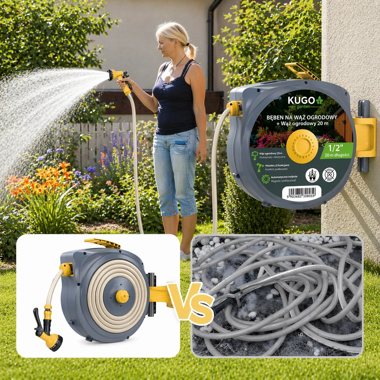 Automatinė sodo žarnos ritė 20 m + 2 m 1/2" su purkštuvu 8F