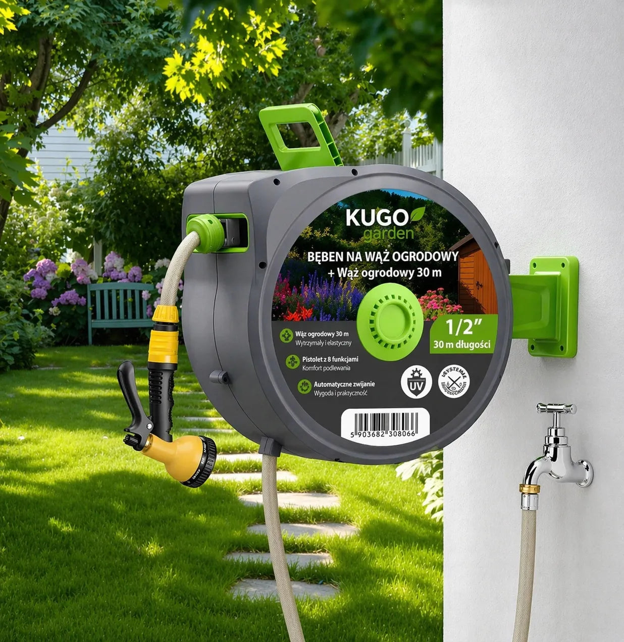 Automatinė sodo žarnos ritė 30m + 2m 1/2" su purkštuvu 8F