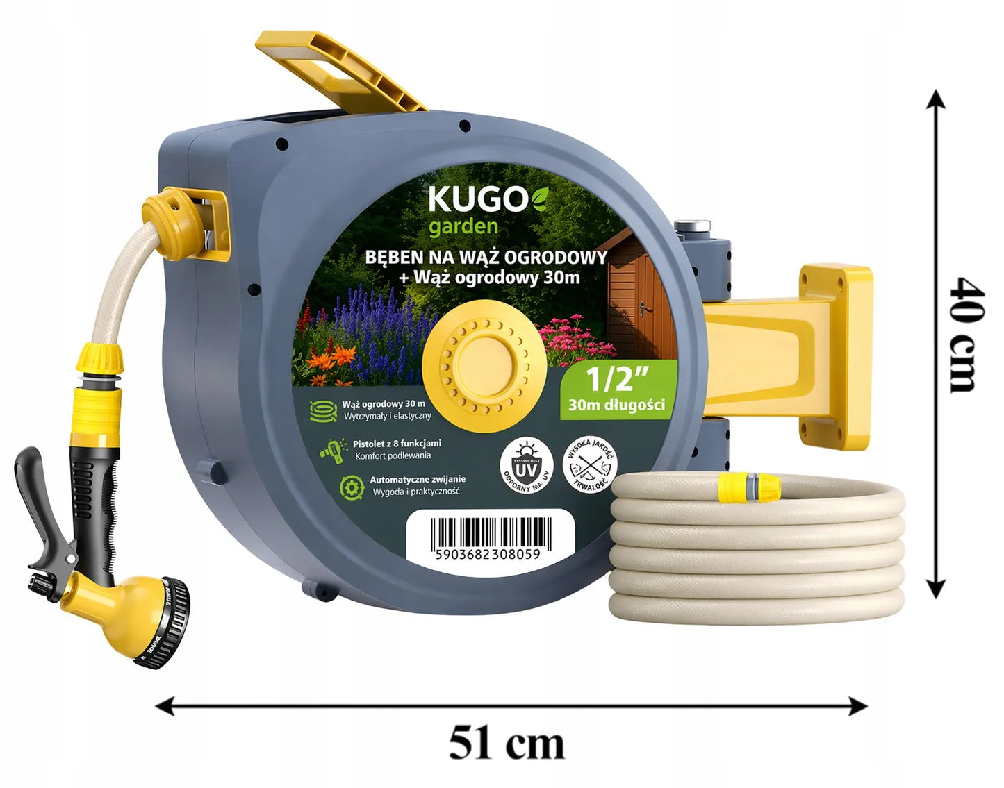 Automatinė sodo žarnos ritė 30m + 2m 1/2" su purkštuvu 8F