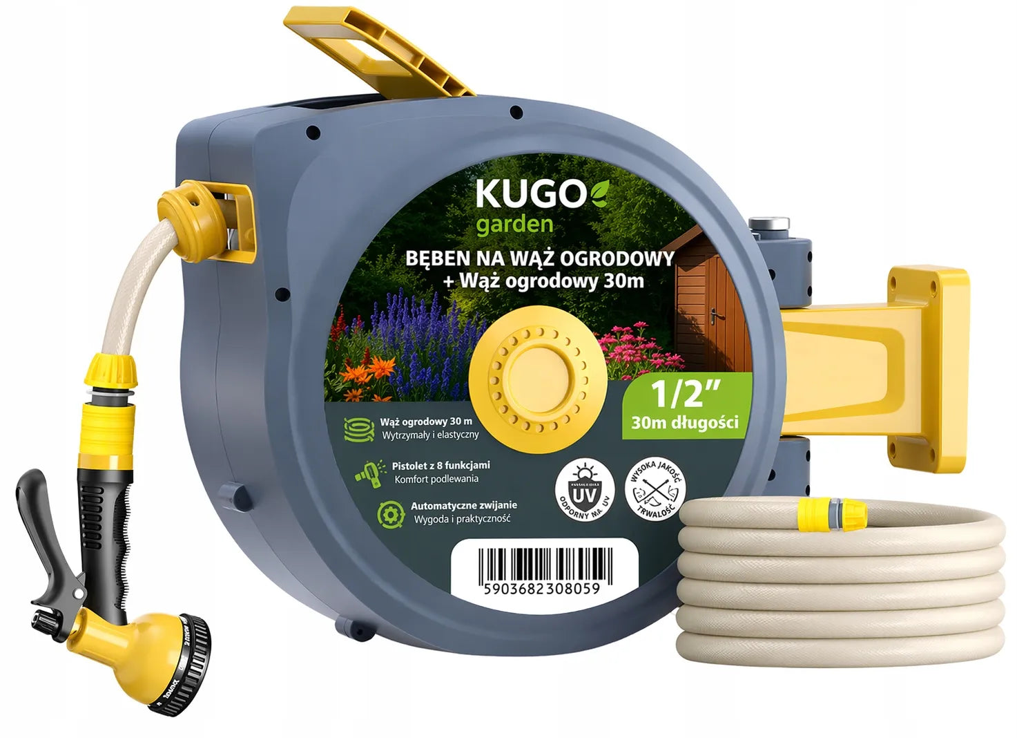 Automatinė sodo žarnos ritė 30m + 2m 1/2" su purkštuvu 8F