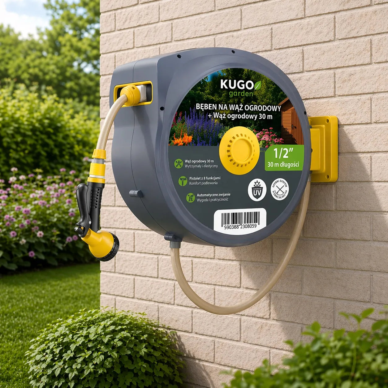 Automatinė sodo žarnos ritė 30m + 2m 1/2" su purkštuvu 8F