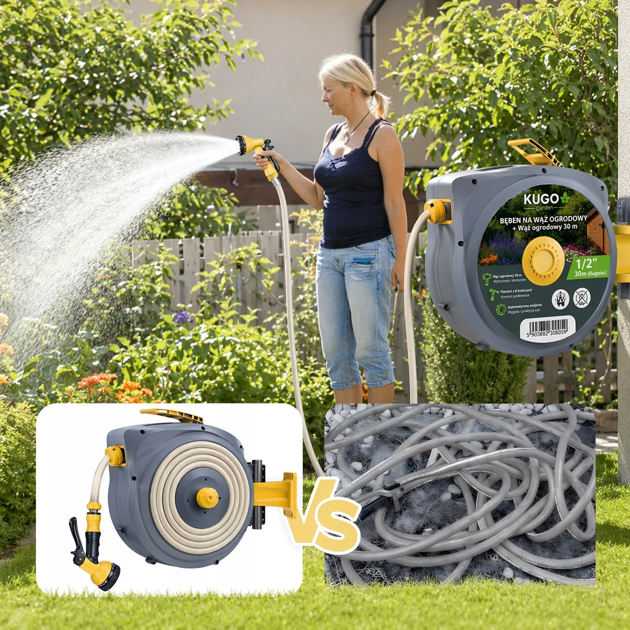 Automatinė sodo žarnos ritė 30m + 2m 1/2" su purkštuvu 8F