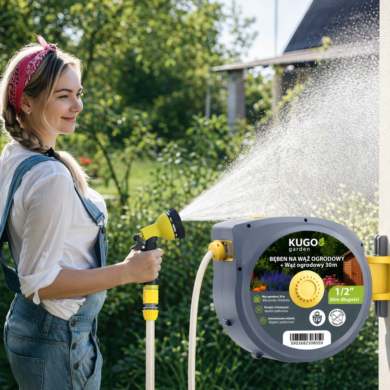 Automatinė sodo žarnos ritė 30m + 2m 1/2" su purkštuvu 8F