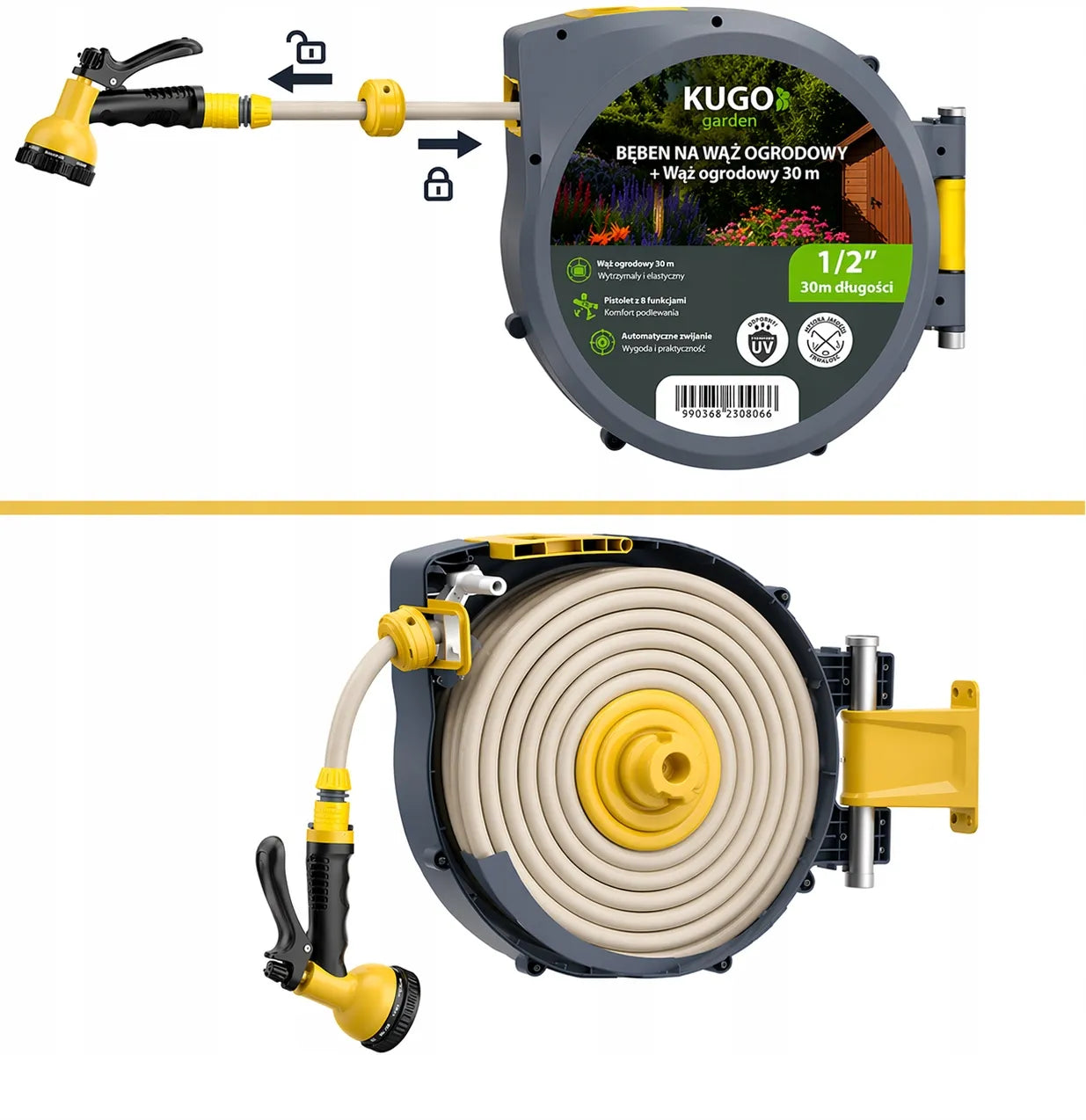 Automatinė sodo žarnos ritė 30m + 2m 1/2" su purkštuvu 8F