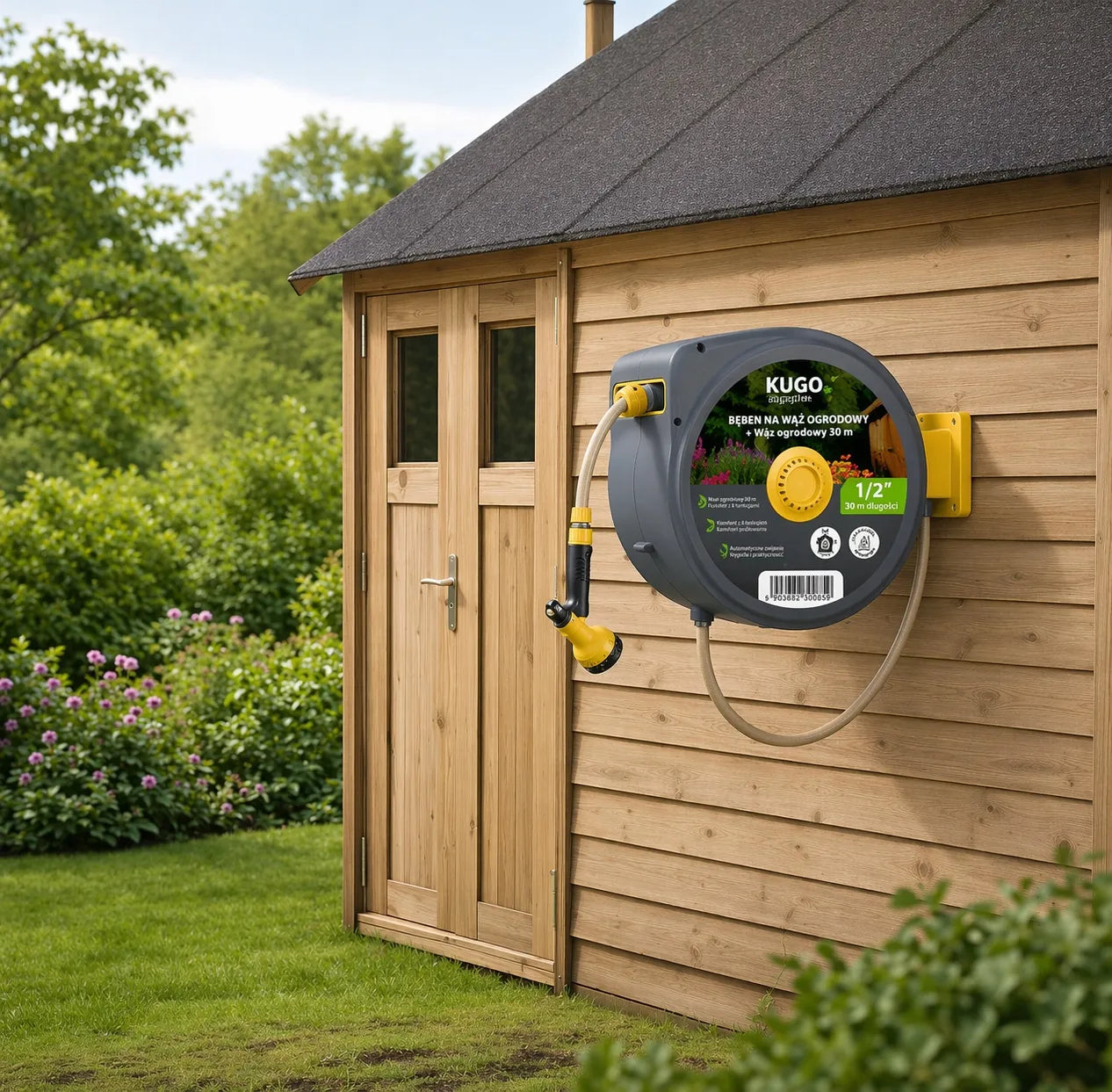 Automatinė sodo žarnos ritė 30m + 2m 1/2" su purkštuvu 8F