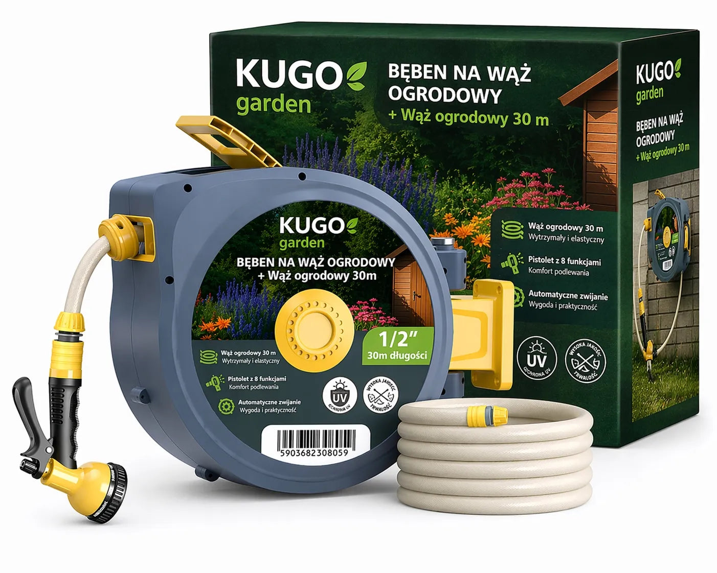 Automatinė sodo žarnos ritė 30m + 2m 1/2" su purkštuvu 8F
