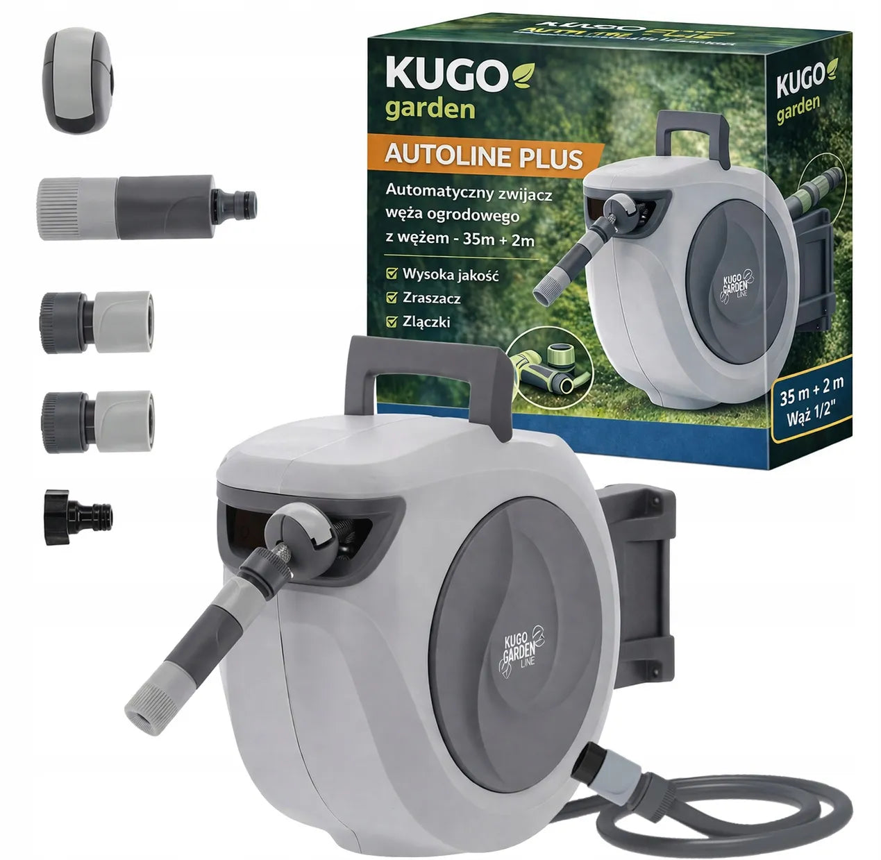 Automatinė sodo žarnos ritė 35 m + 2 m 1/2" su purkštuvu