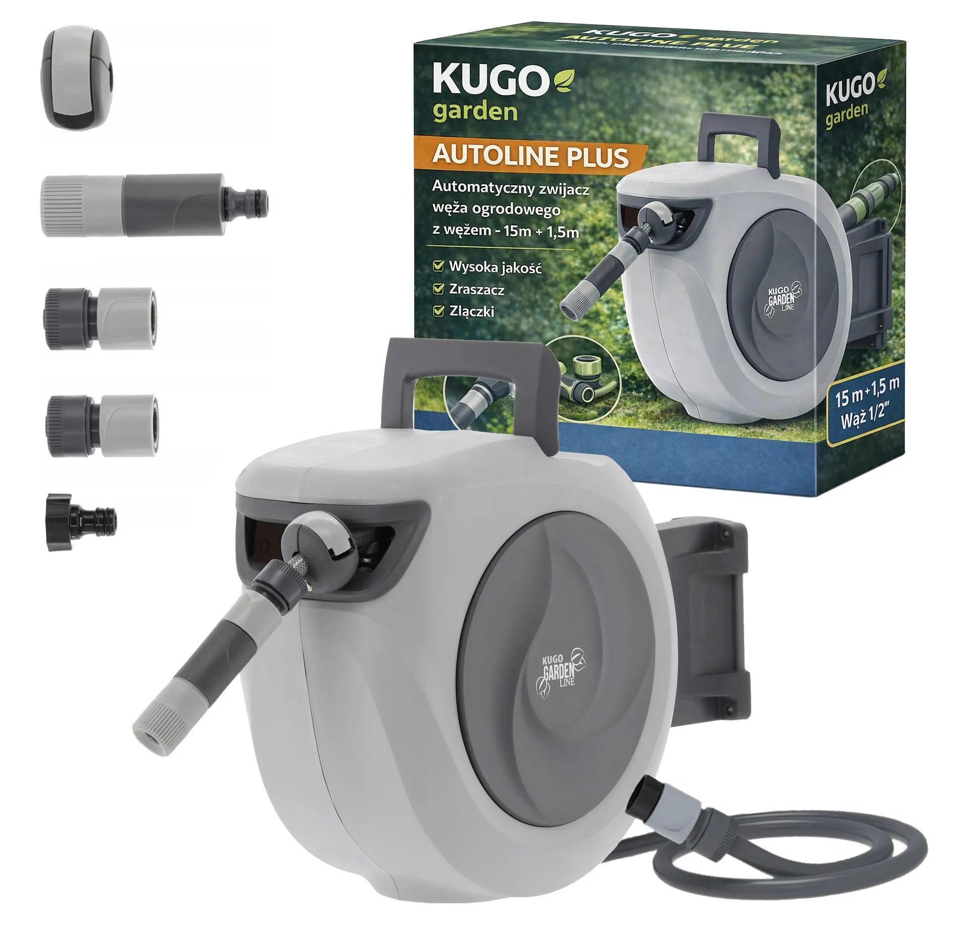 Automatinė sodo žarnos ritė su 15m + 1,5m 1/2" žarna ir purkštuvu