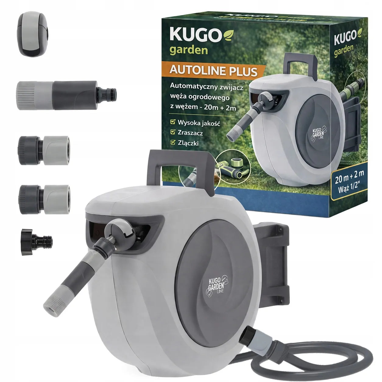Automatinė sodo žarnos ritė su 20 m žarna ir purkštuvu 1/2"
