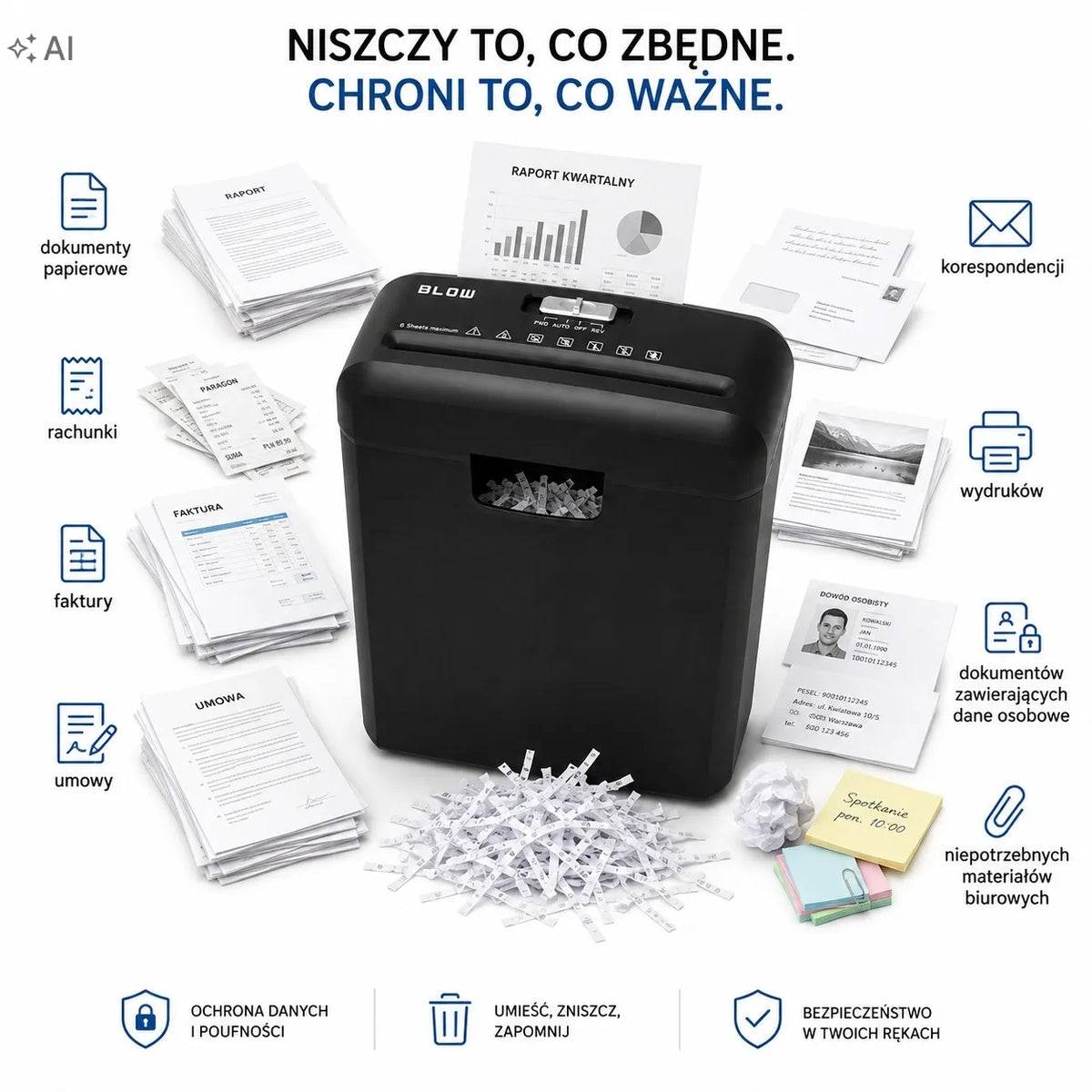 Automatinis „BLOW“ dokumentų naikiklis, 11 l, iki 6 lapų