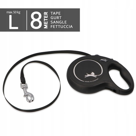 Automatinis juostinis šuns pavadėlis Flexi New Classic, 8 m, L dydžio, juodas, su užraktu